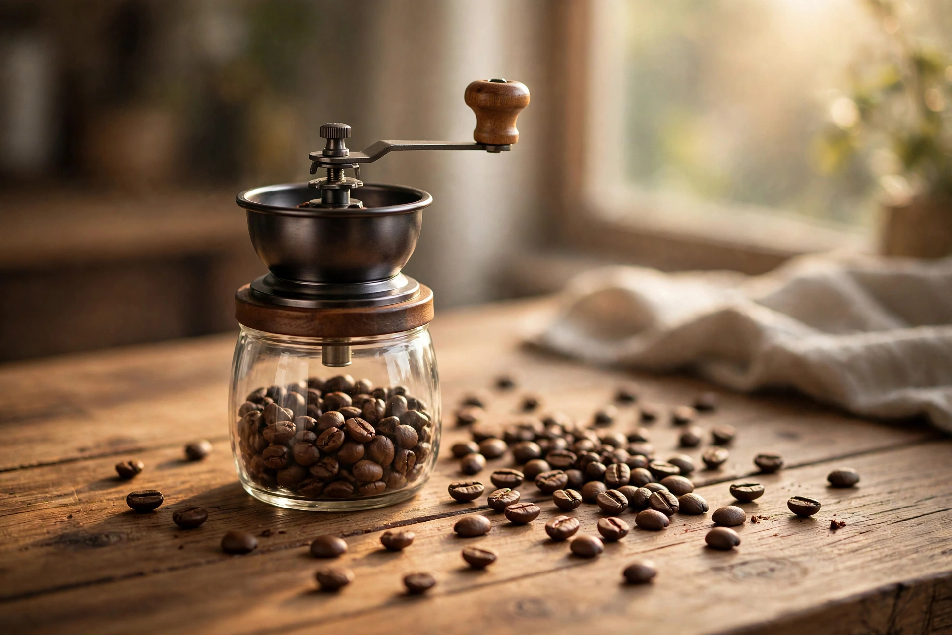A coffee grinder with beans