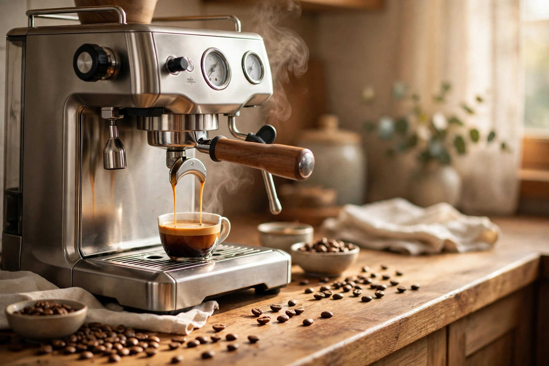 An espresso machine pouring a fresh shot into a cup on a wooden counter