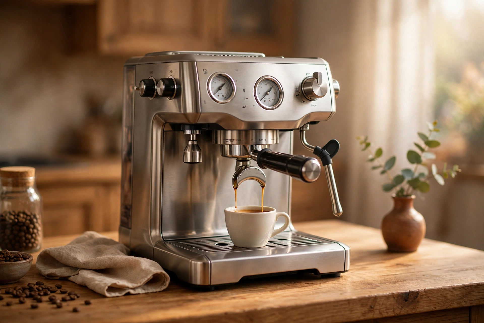 A stainless steel home espresso machine pouring a shot